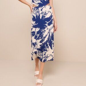 Lulus Blissed Babe Blue Abstract Floral High-rise Midi Skirt - Size L